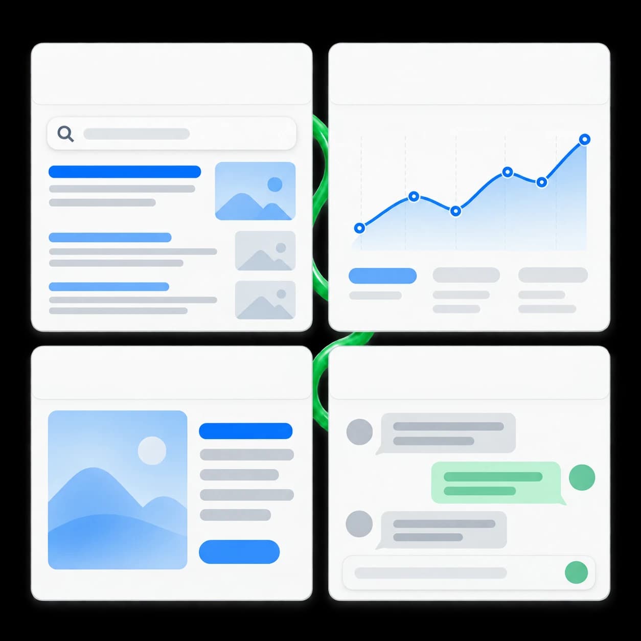 Illustrative campaign panels showing search, performance and conversational advertising